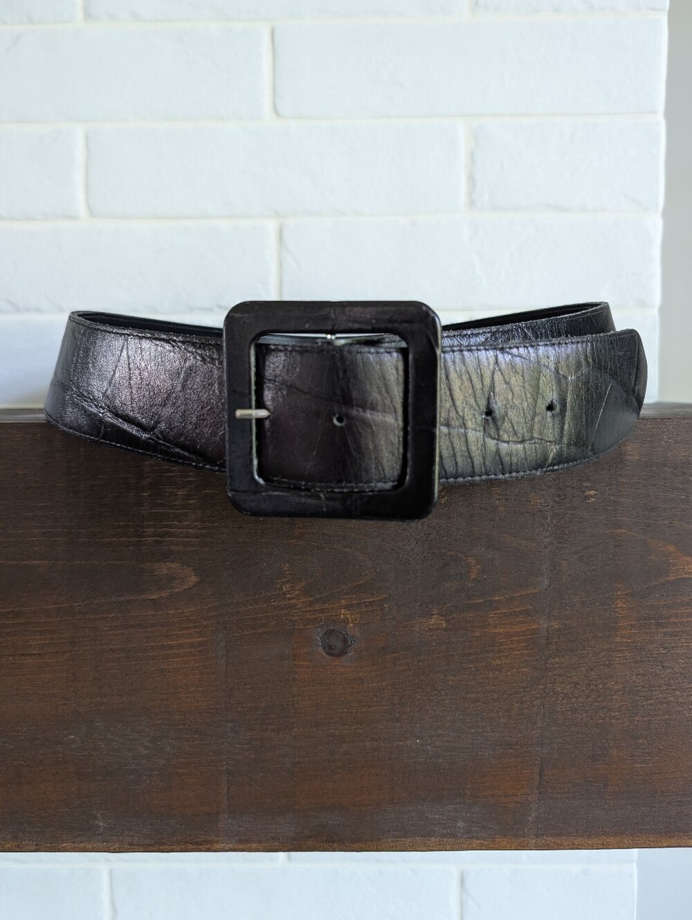 Vintage Genuine Leather Wide Curved Waist Belt Black